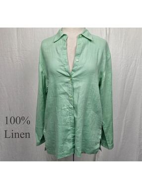 90s Vintage 100% Linen Green Button down, small, Marsh Landing